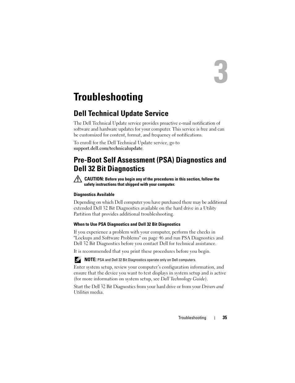 Troubleshooting, Dell technical update service, Pre-boot self assessment (psa) diagnostics | And dell 32 bit diagnostics | Dell Studio 1735 (Mid 2008) User Manual | Page 35 / 64