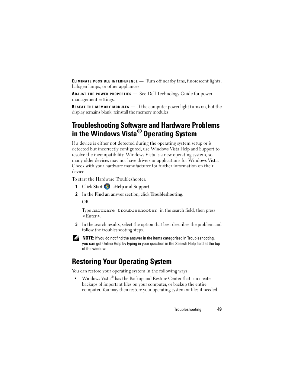 Restoring your operating system, Troubleshooting software and hardware problems, In the windows vista | Operating system | Dell Studio 1735 (Mid 2008) User Manual | Page 49 / 64