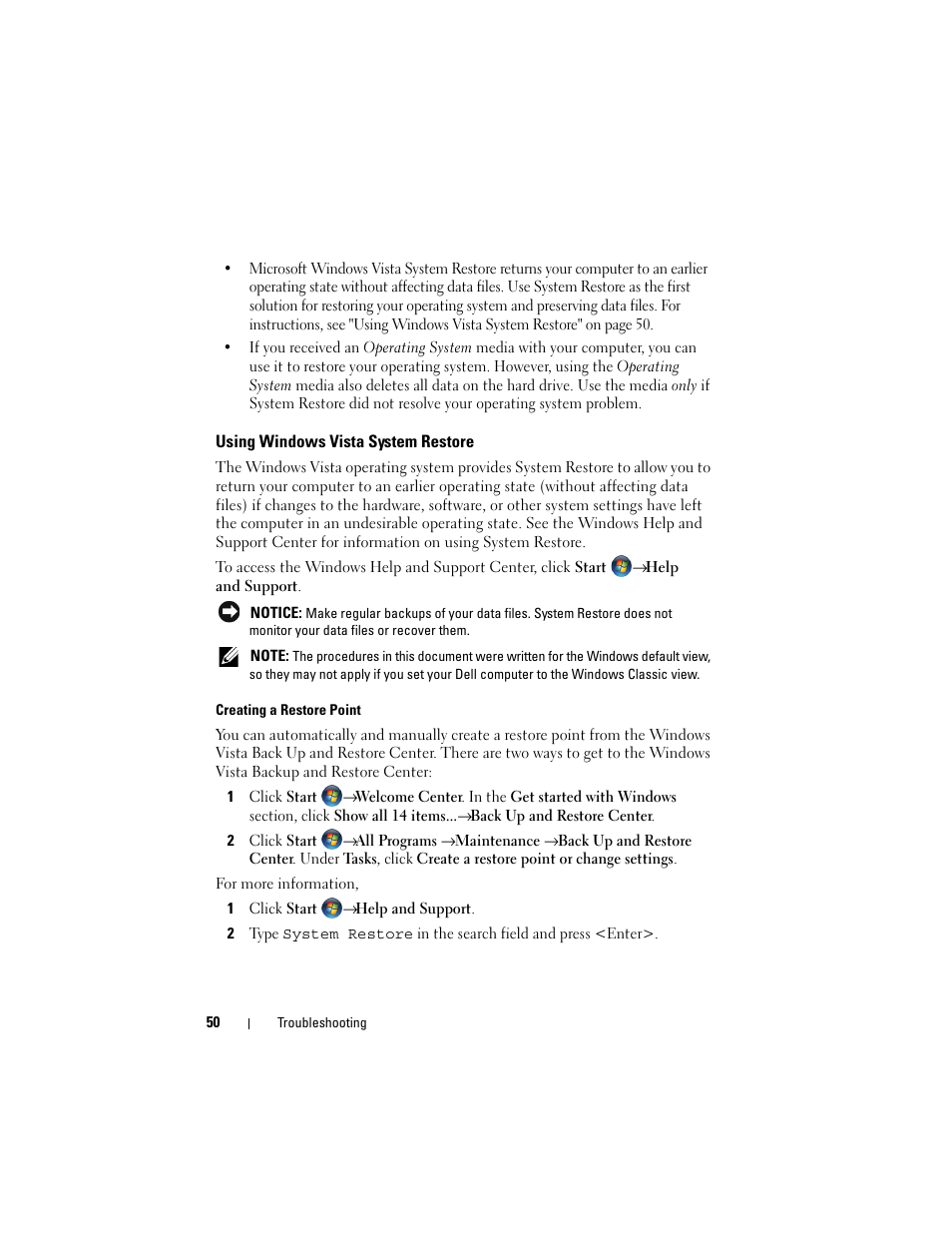 Using windows vista system restore | Dell Studio 1735 (Mid 2008) User Manual | Page 50 / 64