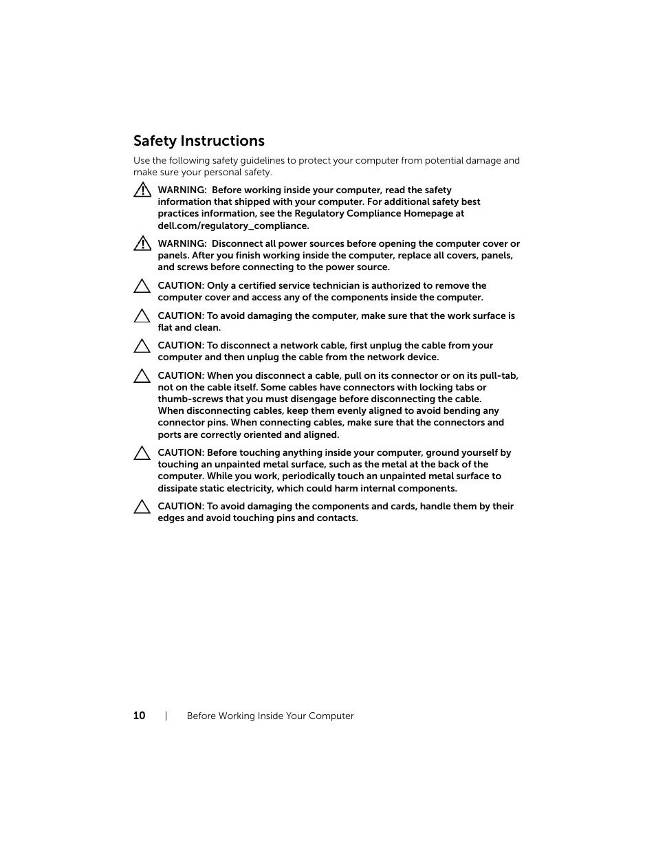 Safety instructions | Dell Inspiron 17R (5737, Mid 2013) User Manual | Page 10 / 71