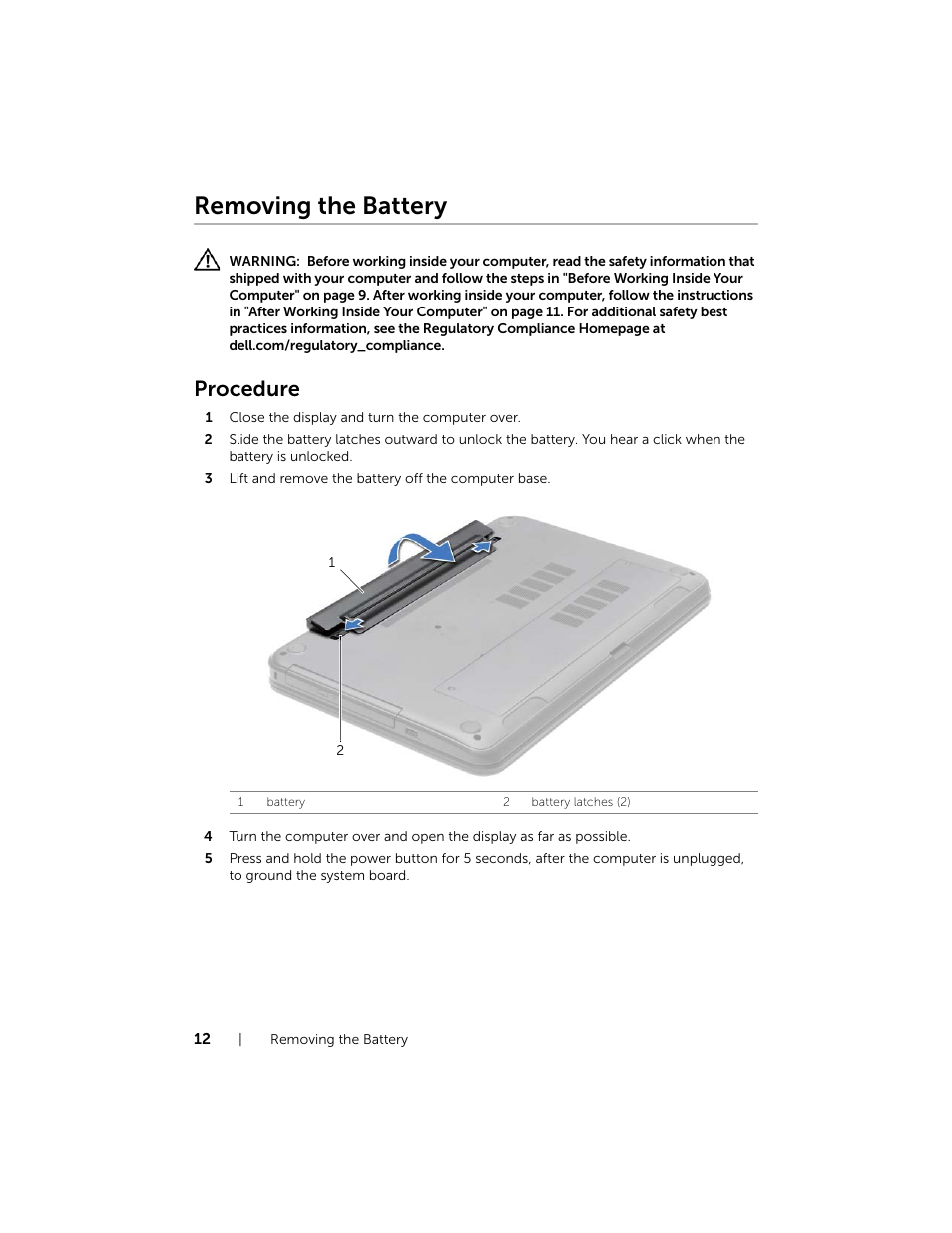 Removing the battery, Procedure | Dell Inspiron 17R (5737, Mid 2013) User Manual | Page 12 / 71