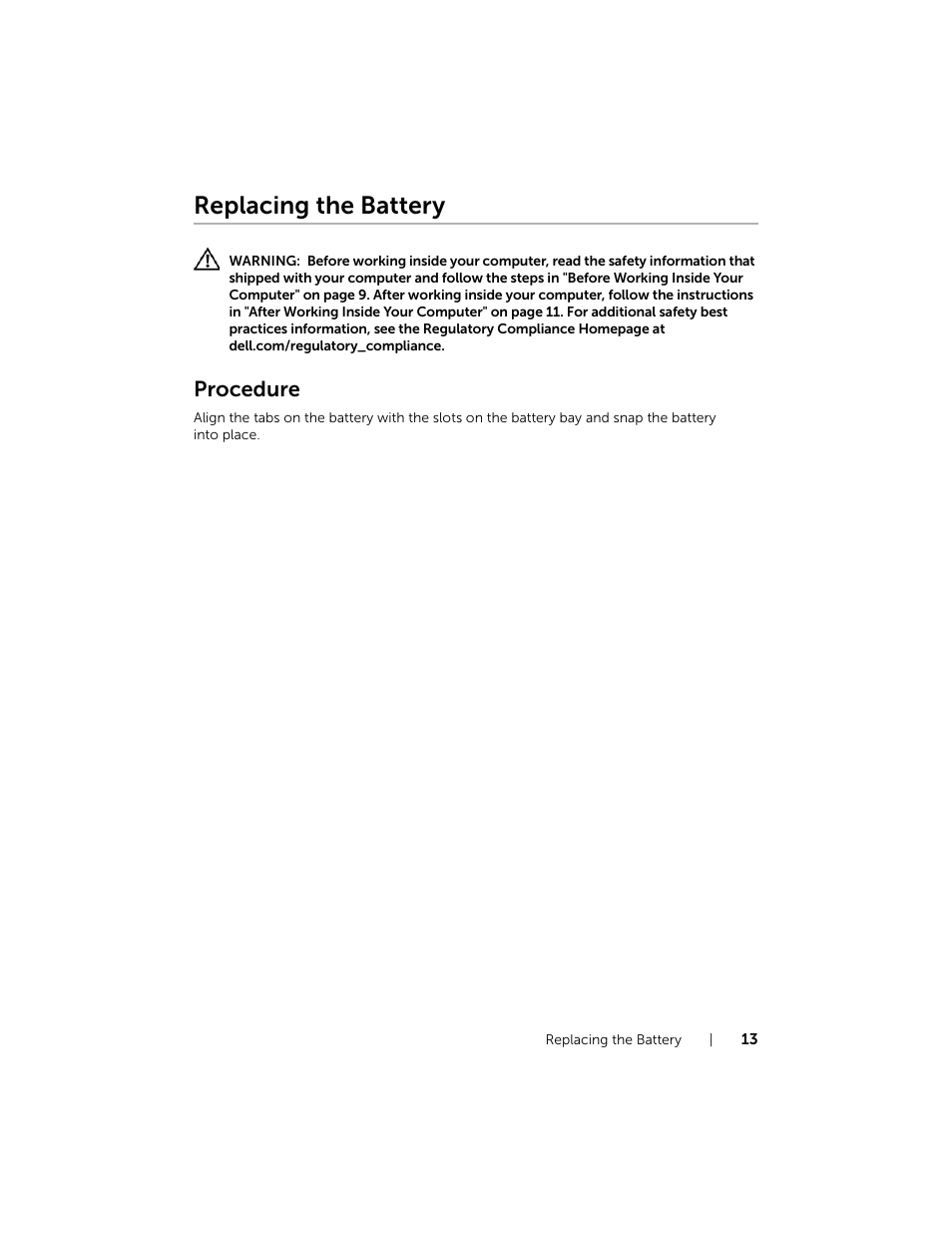 Replacing the battery, Procedure | Dell Inspiron 17R (5737, Mid 2013) User Manual | Page 13 / 71