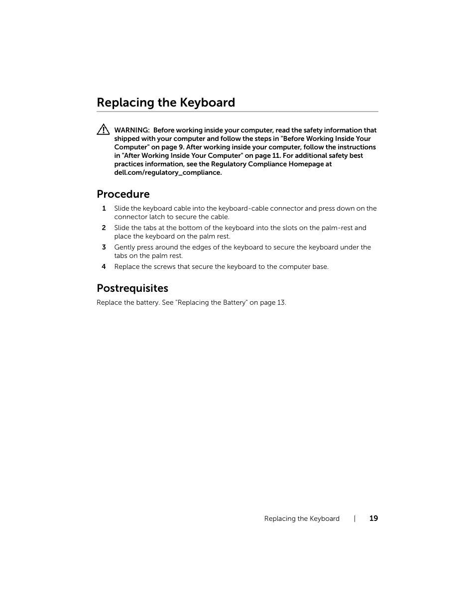 Replacing the keyboard, Procedure, Postrequisites | Dell Inspiron 17R (5737, Mid 2013) User Manual | Page 19 / 71