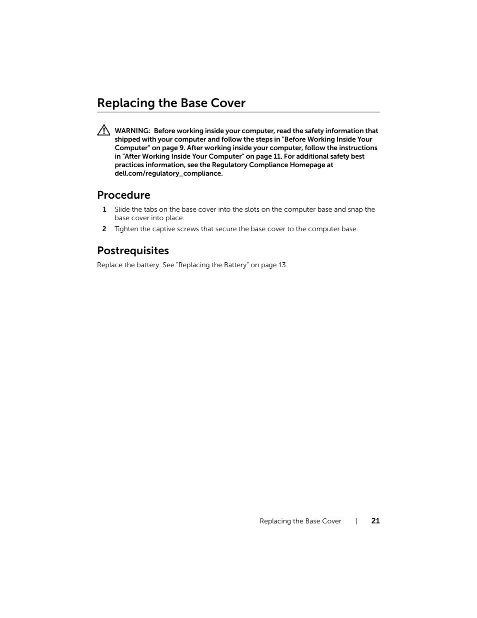 Replacing the base cover, Procedure, Postrequisites | Dell Inspiron 17R (5737, Mid 2013) User Manual | Page 21 / 71