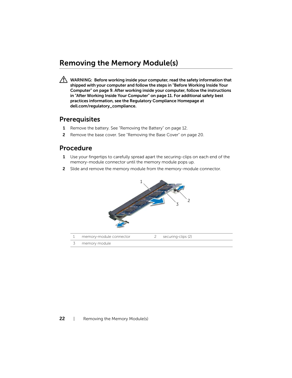 Removing the memory module(s), Prerequisites, Procedure | Dell Inspiron 17R (5737, Mid 2013) User Manual | Page 22 / 71