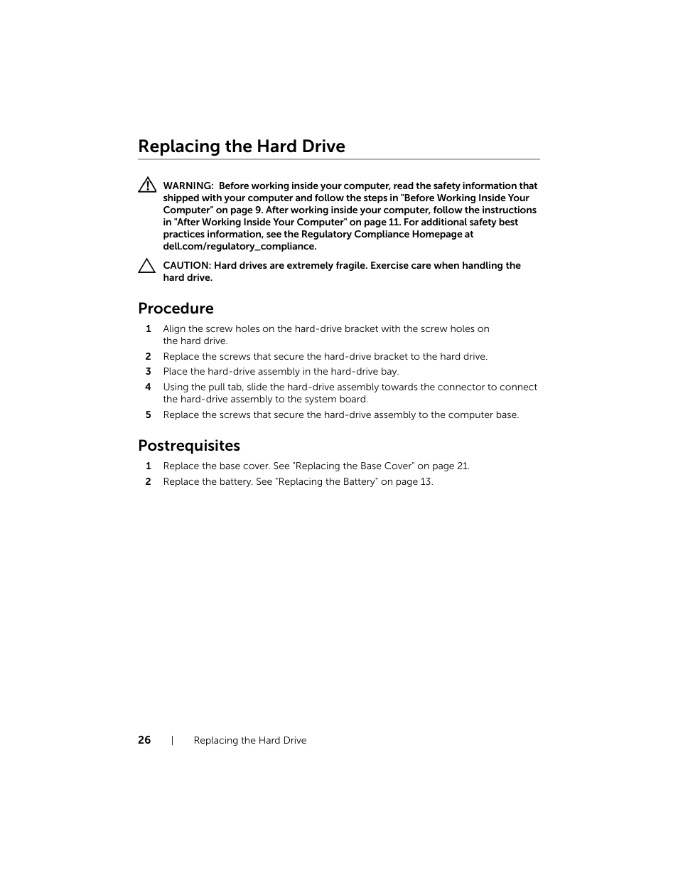 Replacing the hard drive, Procedure, Postrequisites | Dell Inspiron 17R (5737, Mid 2013) User Manual | Page 26 / 71