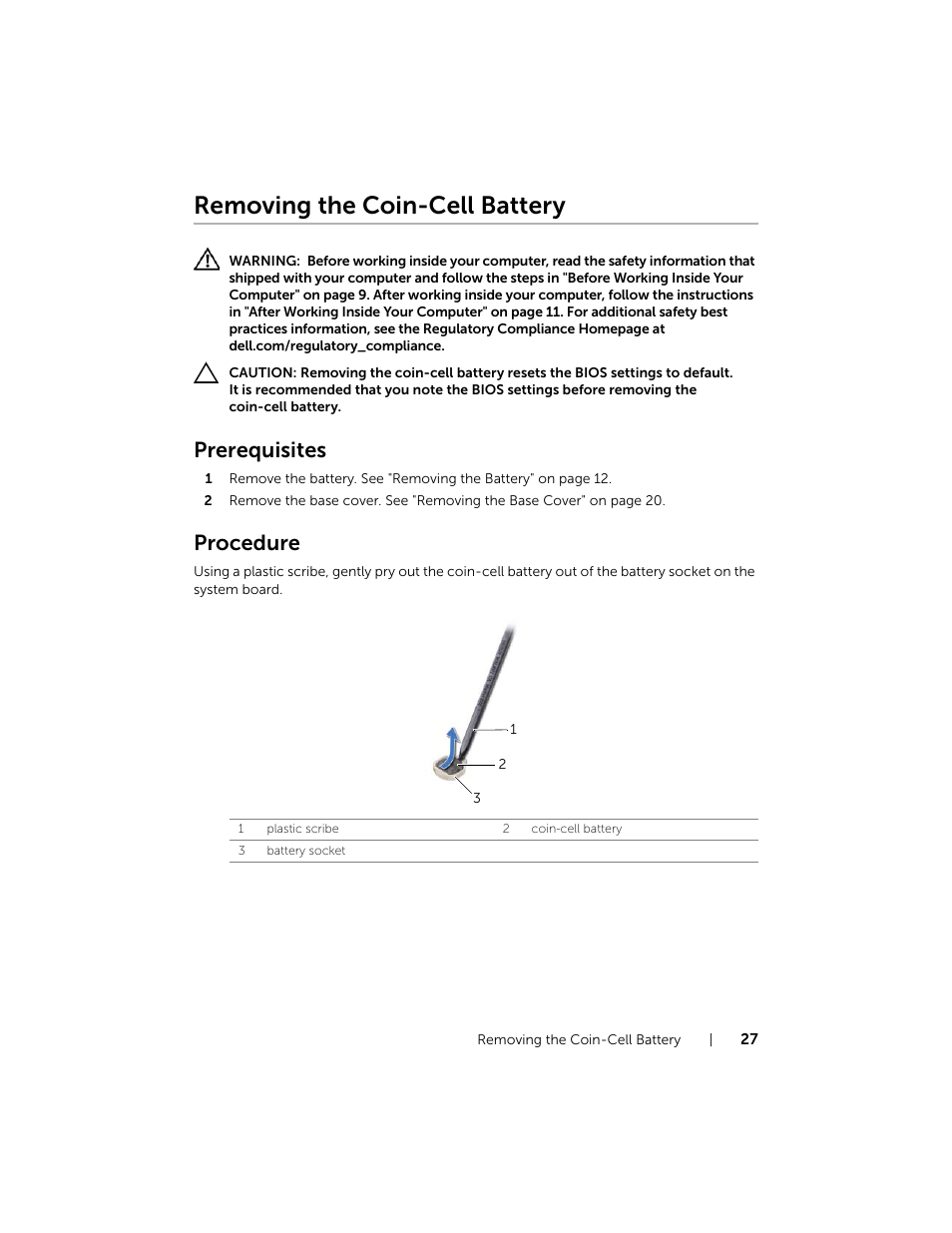 Removing the coin-cell battery, Prerequisites, Procedure | Dell Inspiron 17R (5737, Mid 2013) User Manual | Page 27 / 71