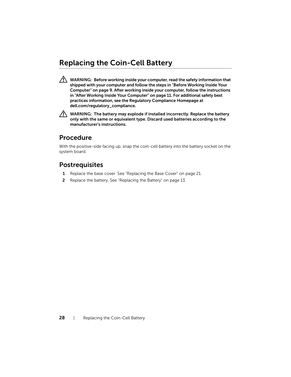 Replacing the coin-cell battery, Procedure, Postrequisites | Dell Inspiron 17R (5737, Mid 2013) User Manual | Page 28 / 71