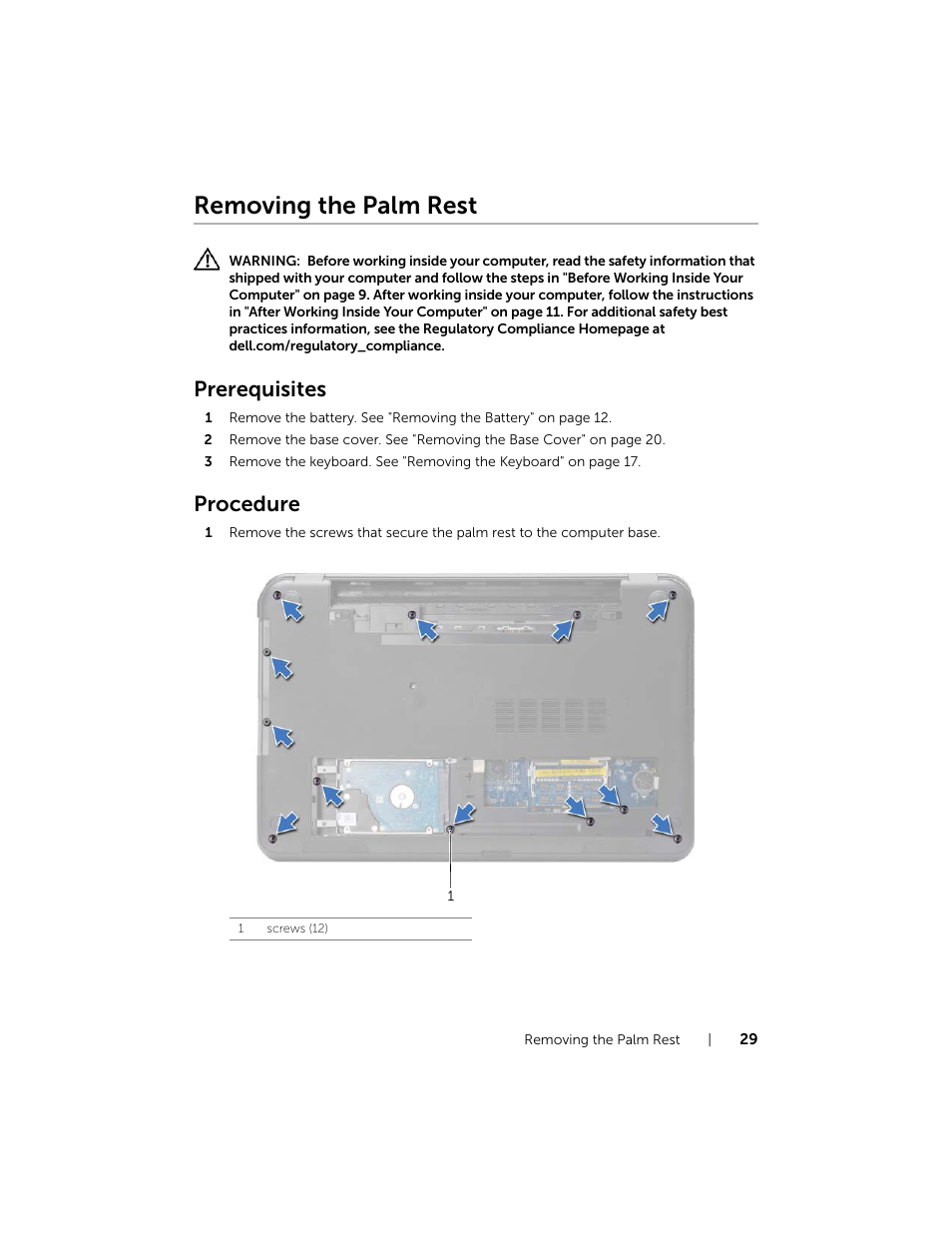 Removing the palm rest, Prerequisites, Procedure | Dell Inspiron 17R (5737, Mid 2013) User Manual | Page 29 / 71