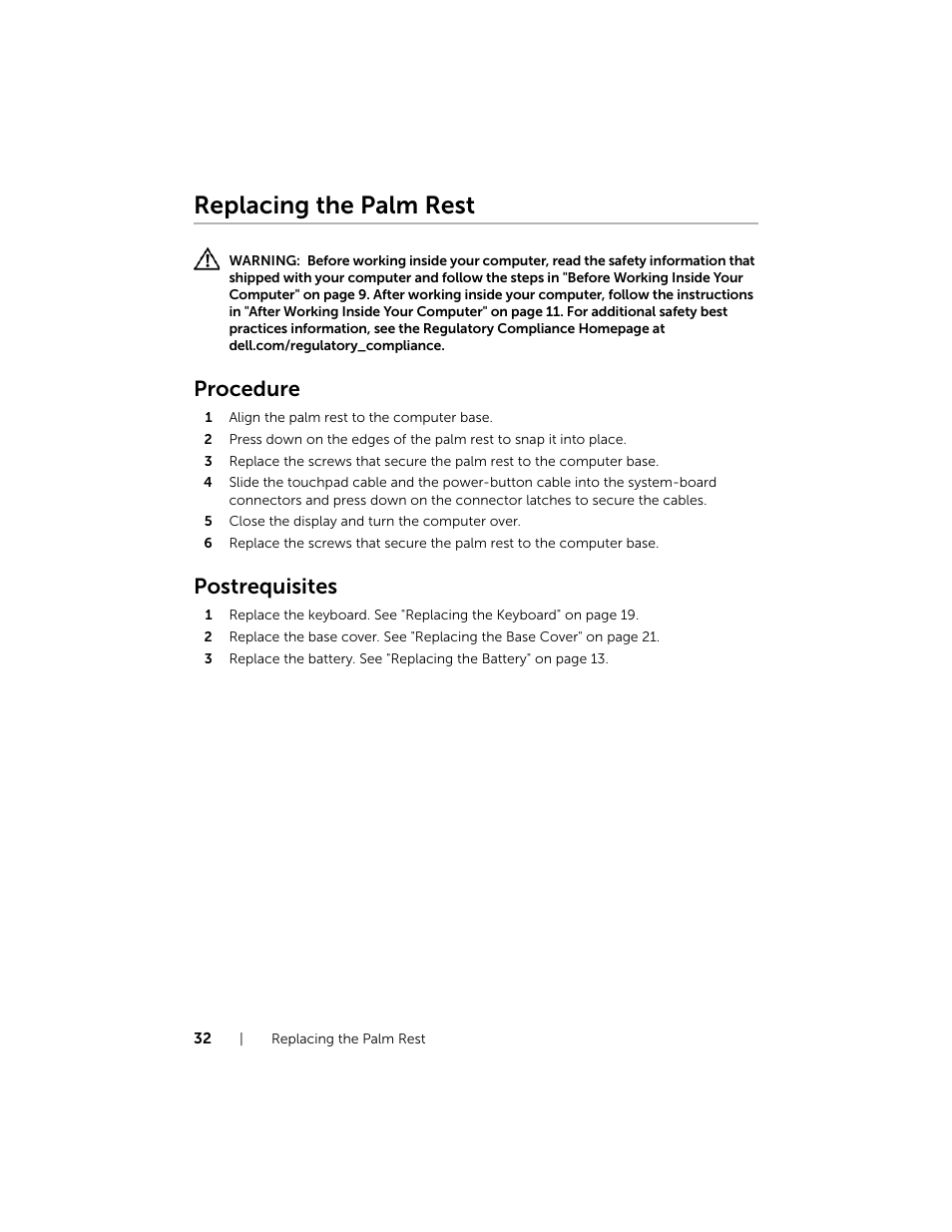 Replacing the palm rest, Procedure, Postrequisites | Dell Inspiron 17R (5737, Mid 2013) User Manual | Page 32 / 71