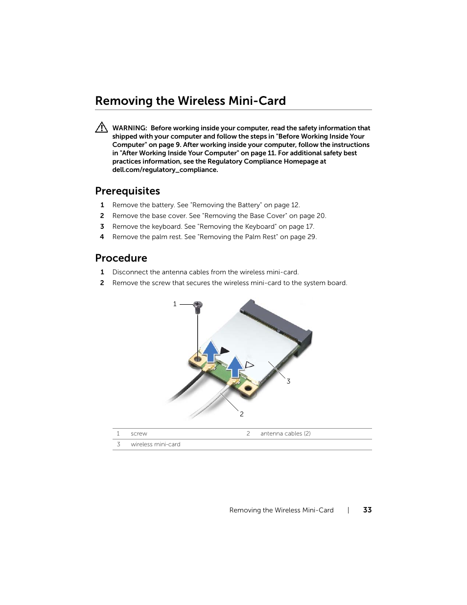 Removing the wireless mini-card, Prerequisites, Procedure | Dell Inspiron 17R (5737, Mid 2013) User Manual | Page 33 / 71