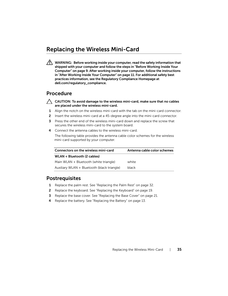 Replacing the wireless mini-card, Procedure, Postrequisites | Dell Inspiron 17R (5737, Mid 2013) User Manual | Page 35 / 71