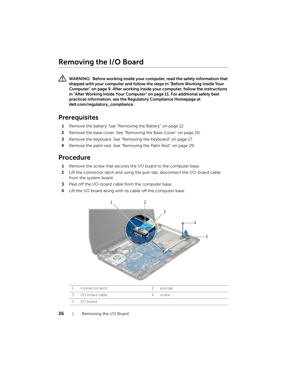 Removing the i/o board, Prerequisites, Procedure | Dell Inspiron 17R (5737, Mid 2013) User Manual | Page 36 / 71