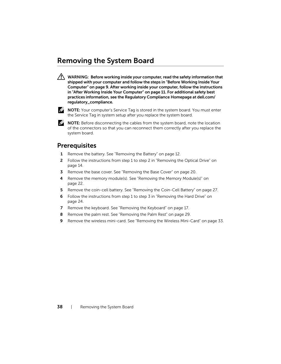 Removing the system board, Prerequisites | Dell Inspiron 17R (5737, Mid 2013) User Manual | Page 38 / 71