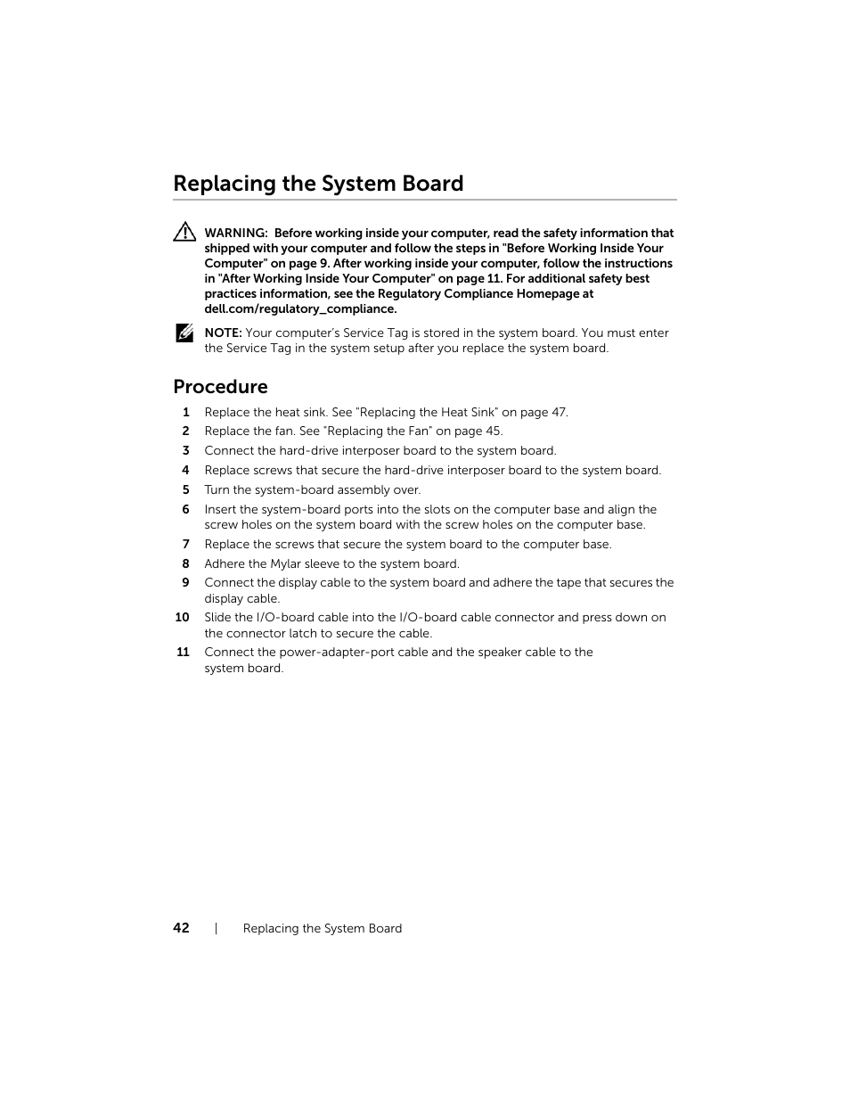 Replacing the system board, Procedure | Dell Inspiron 17R (5737, Mid 2013) User Manual | Page 42 / 71