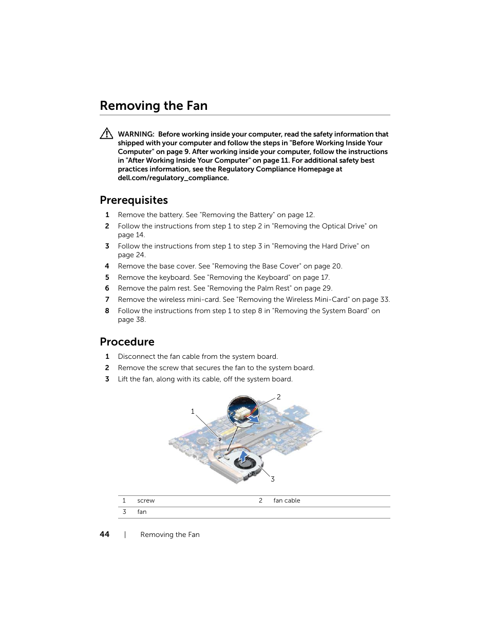 Removing the fan, Prerequisites, Procedure | Dell Inspiron 17R (5737, Mid 2013) User Manual | Page 44 / 71