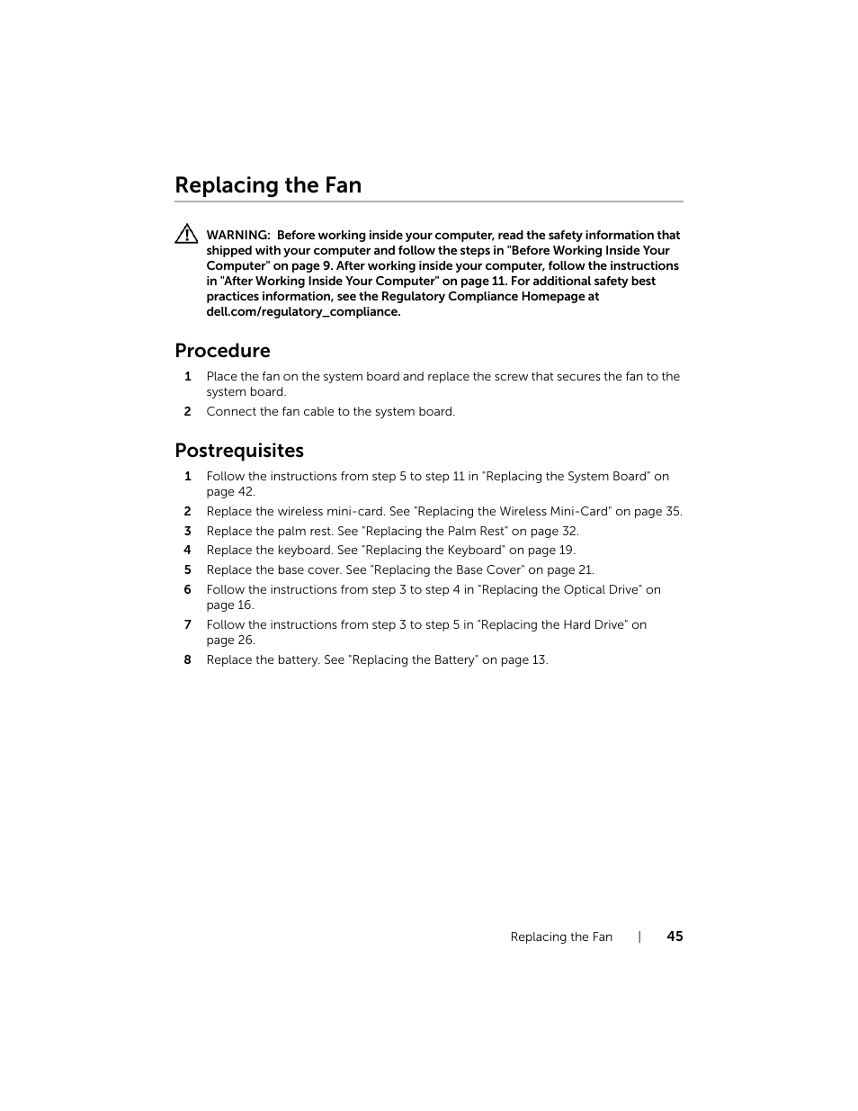 Replacing the fan, Procedure, Postrequisites | Dell Inspiron 17R (5737, Mid 2013) User Manual | Page 45 / 71