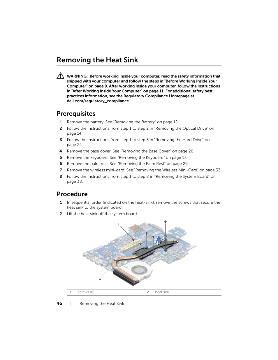 Removing the heat sink, Prerequisites, Procedure | Dell Inspiron 17R (5737, Mid 2013) User Manual | Page 46 / 71