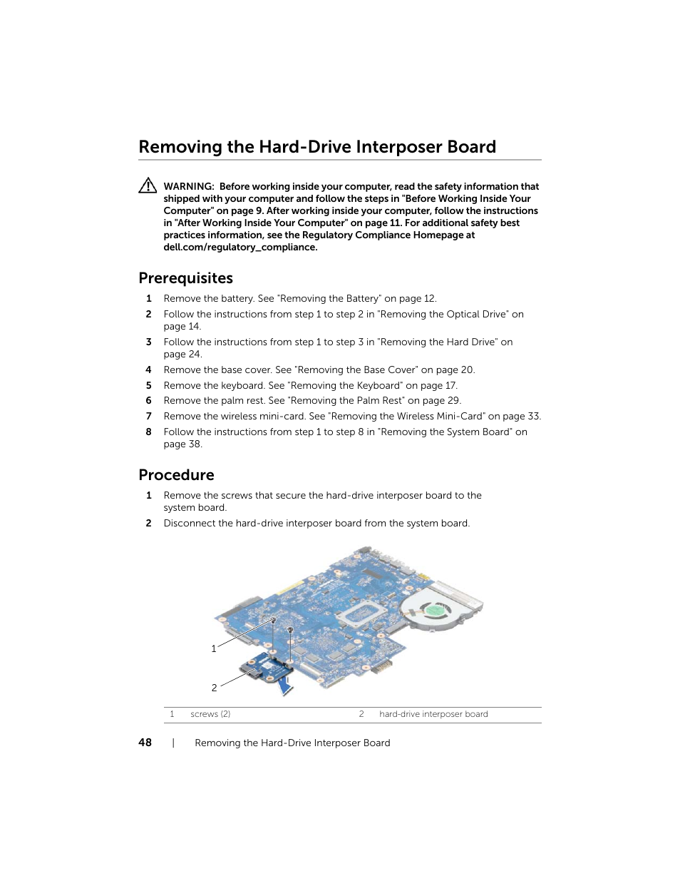 Removing the hard-drive interposer board, Prerequisites, Procedure | Dell Inspiron 17R (5737, Mid 2013) User Manual | Page 48 / 71