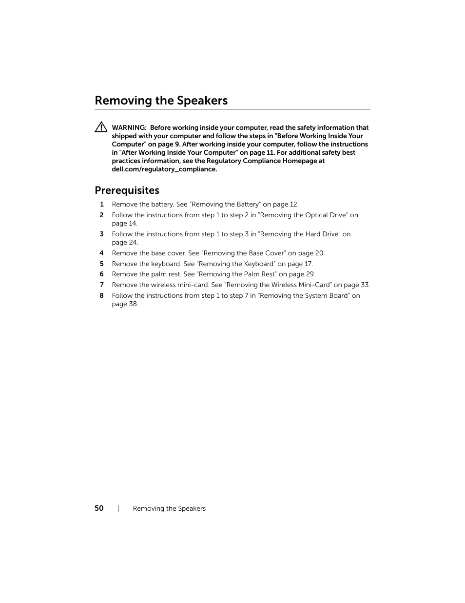 Removing the speakers, Prerequisites | Dell Inspiron 17R (5737, Mid 2013) User Manual | Page 50 / 71