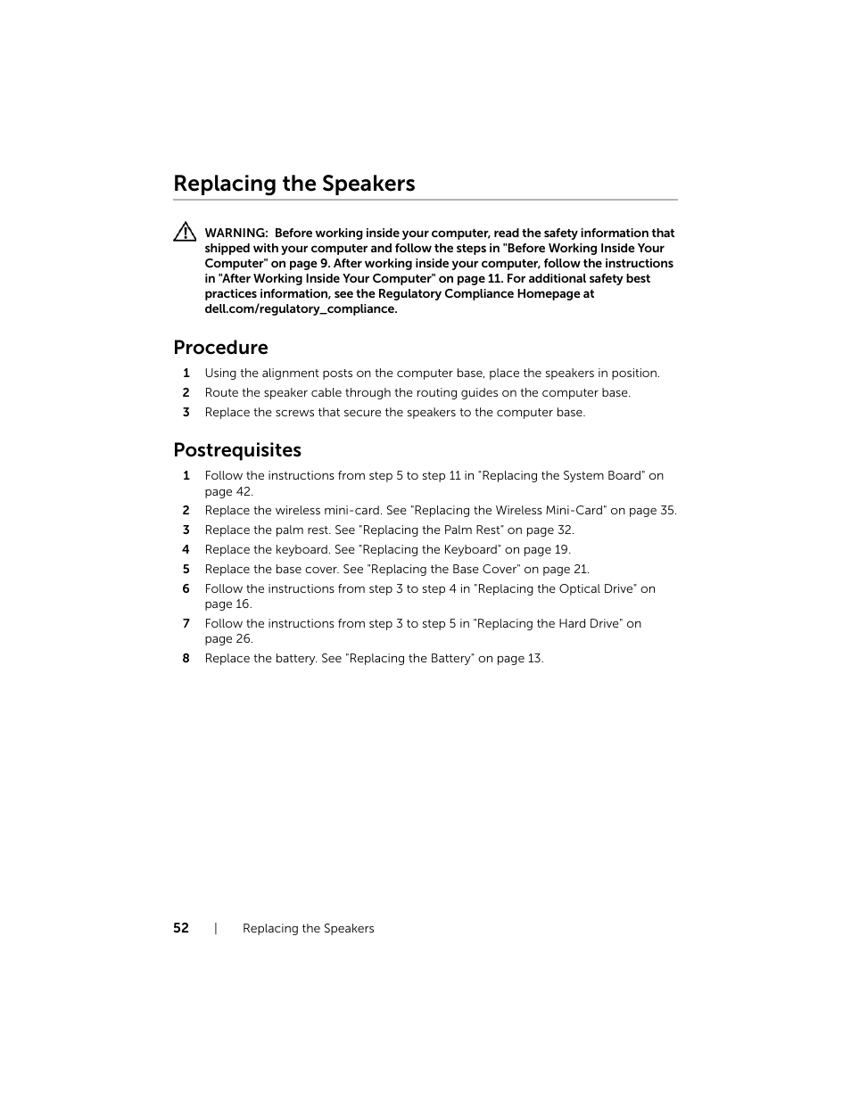 Replacing the speakers, Procedure, Postrequisites | Dell Inspiron 17R (5737, Mid 2013) User Manual | Page 52 / 71