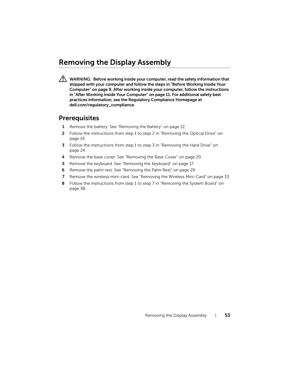 Removing the display assembly, Prerequisites | Dell Inspiron 17R (5737, Mid 2013) User Manual | Page 53 / 71