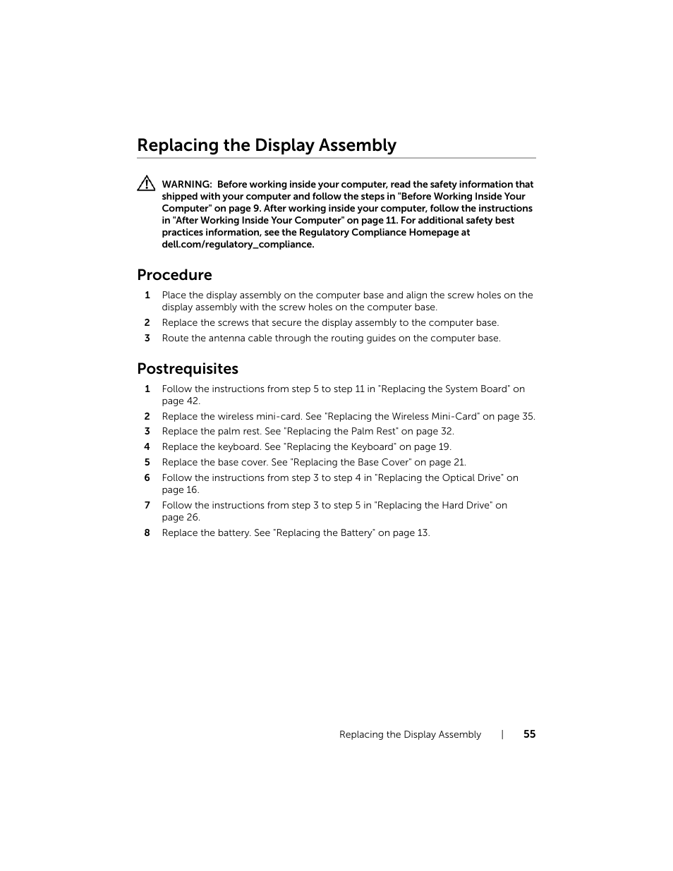 Replacing the display assembly, Procedure, Postrequisites | Dell Inspiron 17R (5737, Mid 2013) User Manual | Page 55 / 71