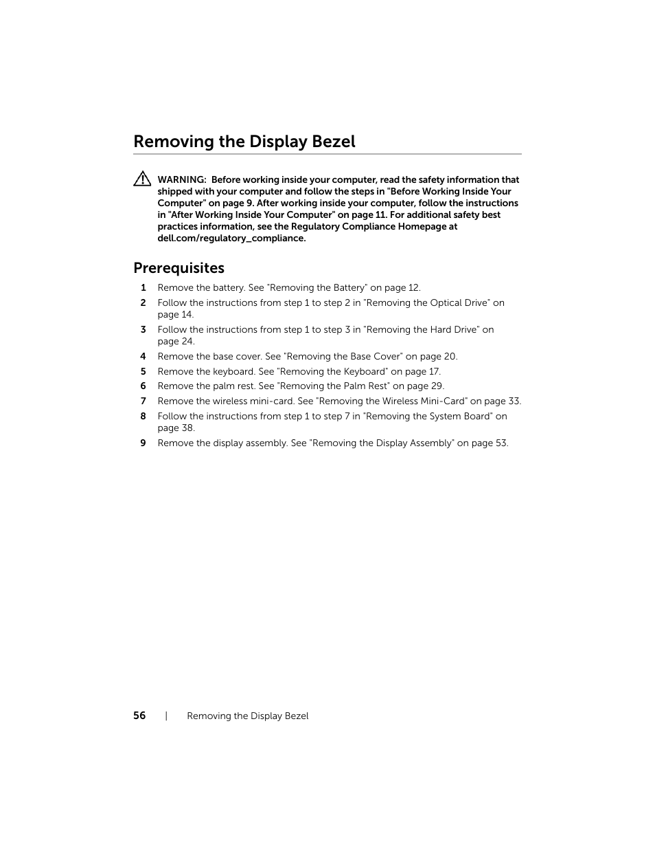 Removing the display bezel, Prerequisites | Dell Inspiron 17R (5737, Mid 2013) User Manual | Page 56 / 71