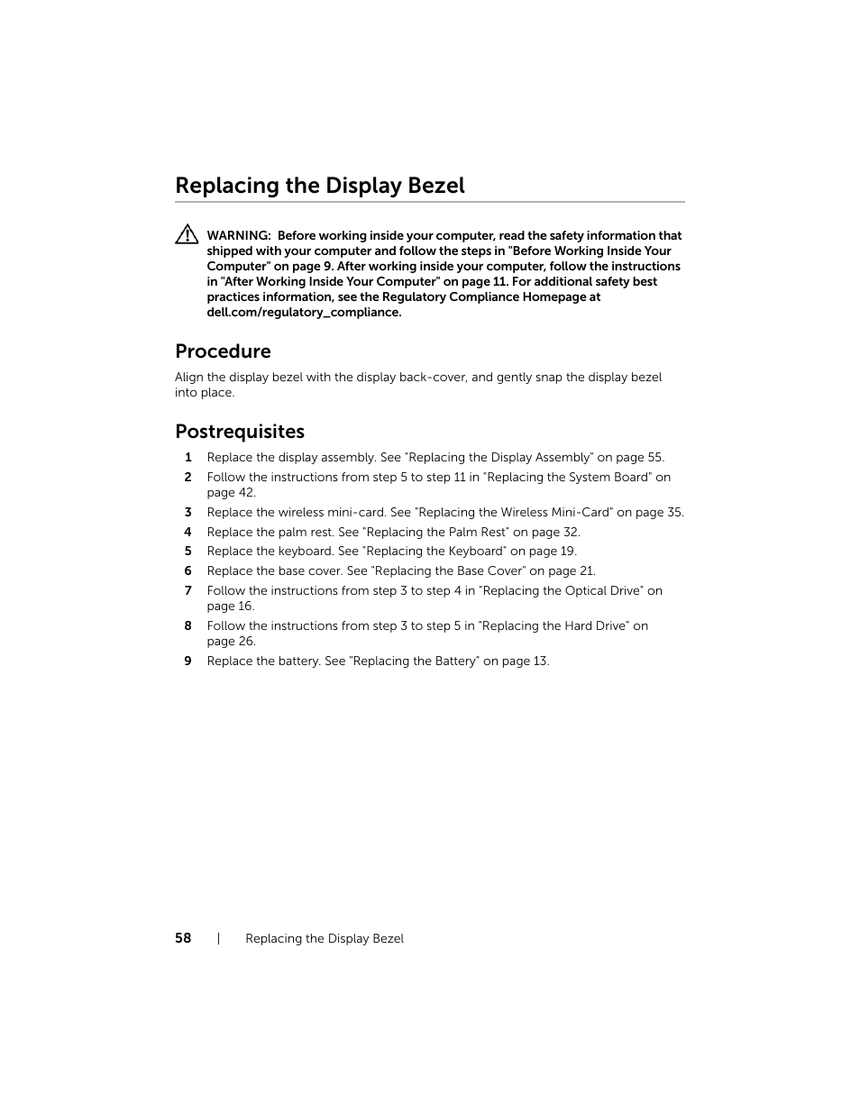 Replacing the display bezel, Procedure, Postrequisites | Dell Inspiron 17R (5737, Mid 2013) User Manual | Page 58 / 71