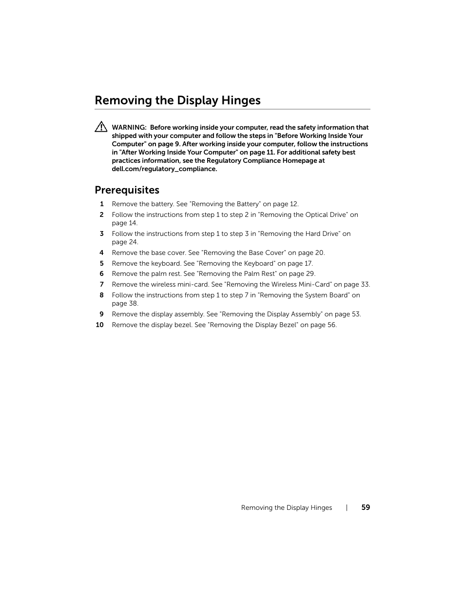 Removing the display hinges, Prerequisites | Dell Inspiron 17R (5737, Mid 2013) User Manual | Page 59 / 71