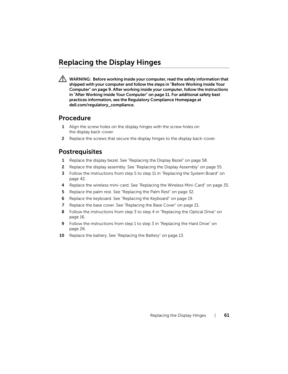 Replacing the display hinges, Procedure, Postrequisites | Dell Inspiron 17R (5737, Mid 2013) User Manual | Page 61 / 71