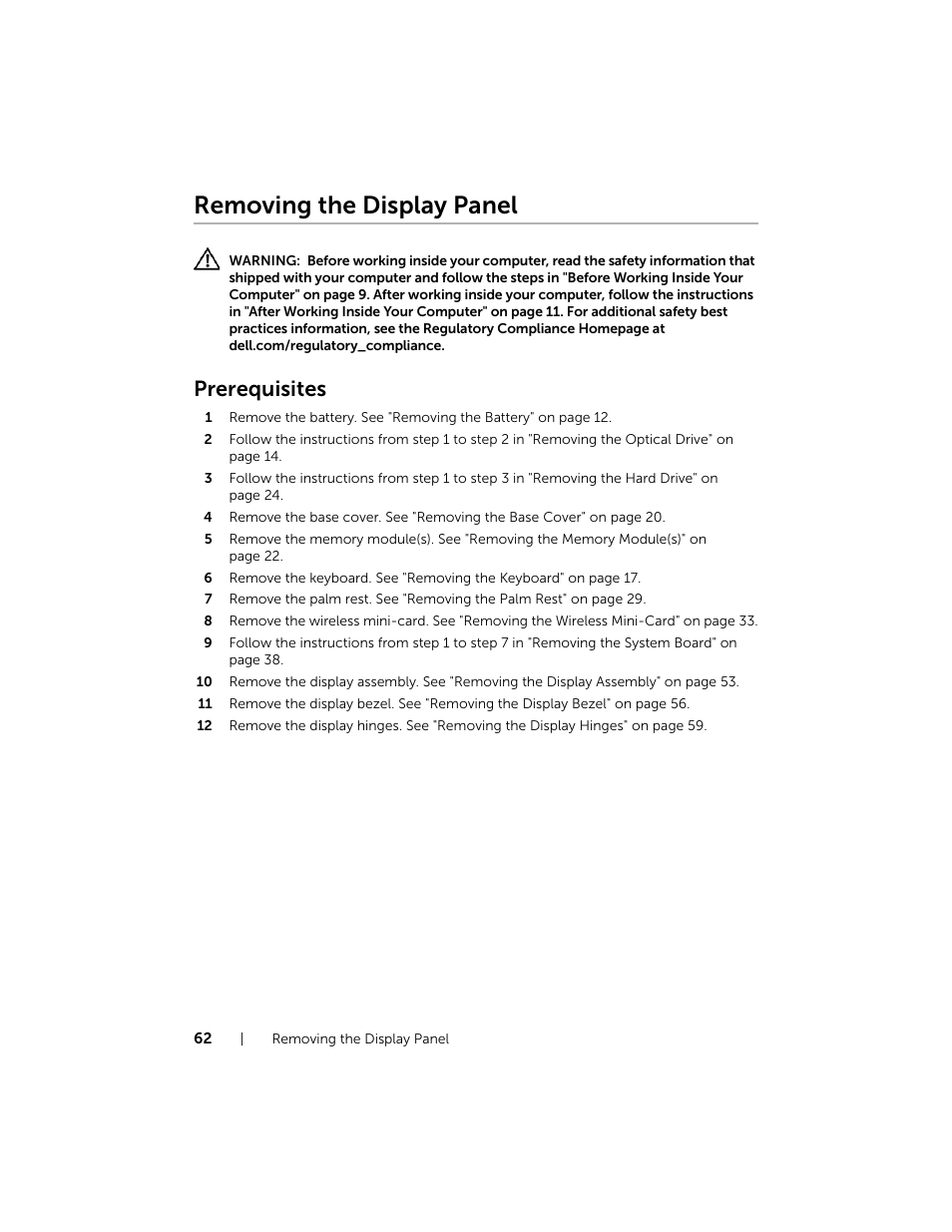 Removing the display panel, Prerequisites | Dell Inspiron 17R (5737, Mid 2013) User Manual | Page 62 / 71