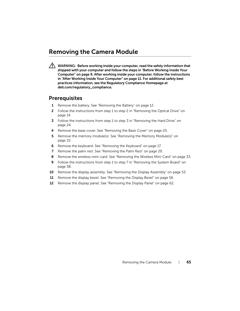 Removing the camera module, Prerequisites | Dell Inspiron 17R (5737, Mid 2013) User Manual | Page 65 / 71