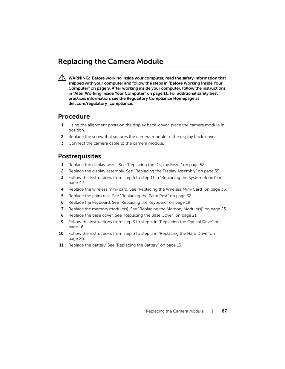 Replacing the camera module, Procedure, Postrequisites | Dell Inspiron 17R (5737, Mid 2013) User Manual | Page 67 / 71