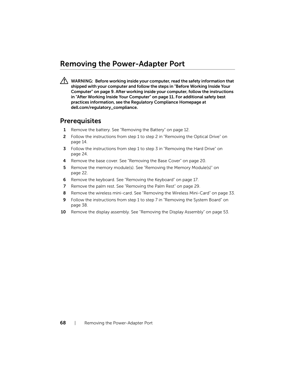 Removing the power-adapter port, Prerequisites | Dell Inspiron 17R (5737, Mid 2013) User Manual | Page 68 / 71