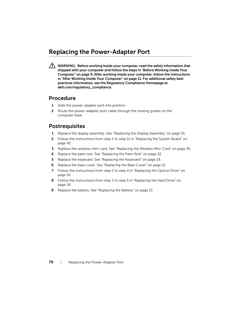 Replacing the power-adapter port, Procedure, Postrequisites | Dell Inspiron 17R (5737, Mid 2013) User Manual | Page 70 / 71