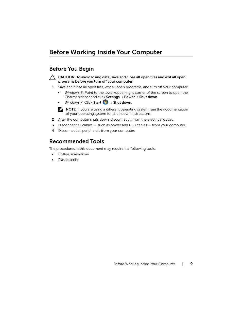 Before working inside your computer, Before you begin, Recommended tools | Dell Inspiron 17R (5737, Mid 2013) User Manual | Page 9 / 71