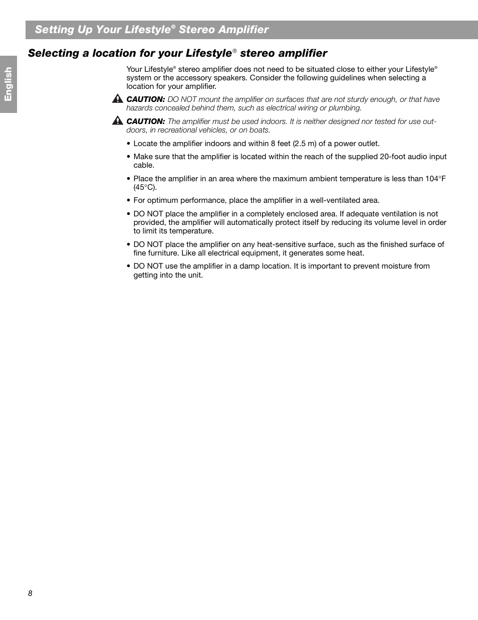 Setting up your lifestyle, Stereo amplifier, Selecting a location for your lifestyle | Bose SA-2 User Manual | Page 10 / 88