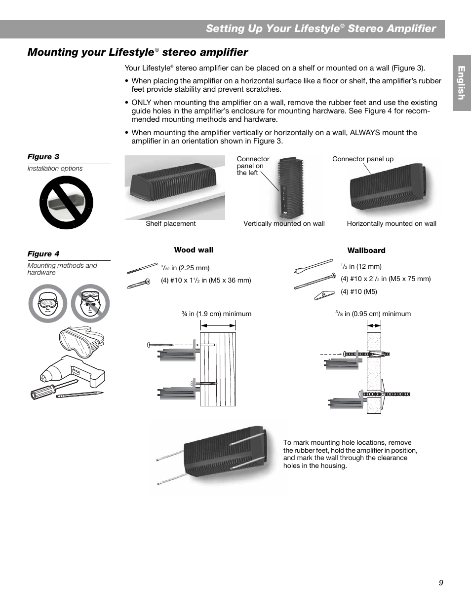 Setting up your lifestyle, Stereo amplifier, Mounting your lifestyle | Engl is h | Bose SA-2 User Manual | Page 11 / 88