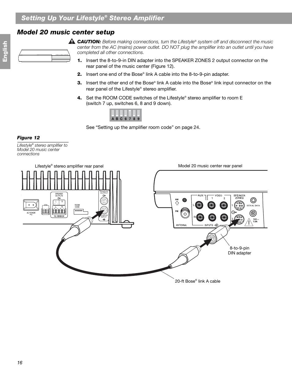 Setting up your lifestyle, Stereo amplifier, Model 20 music center setup | En glis h | Bose SA-2 User Manual | Page 18 / 88