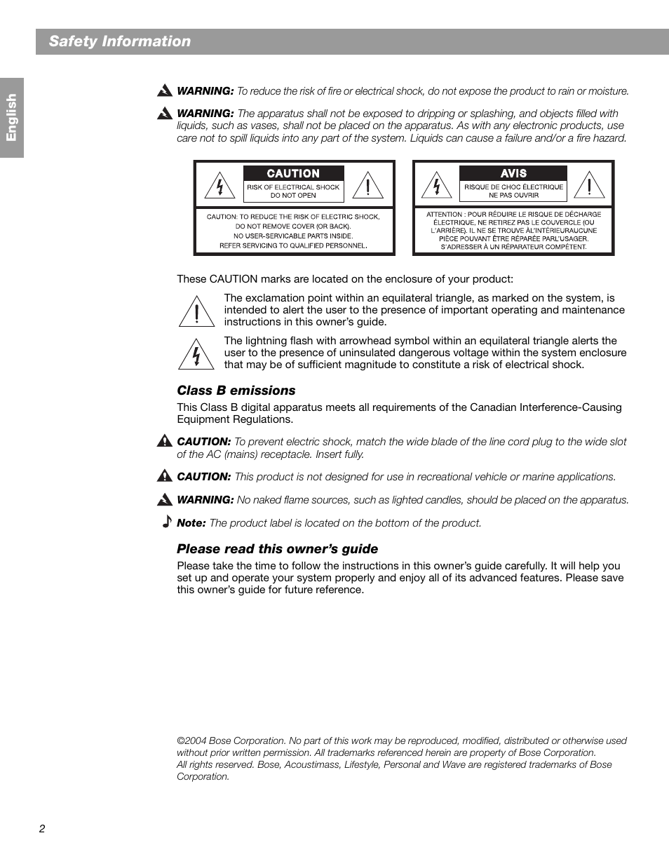 Safety information | Bose SA-2 User Manual | Page 2 / 88