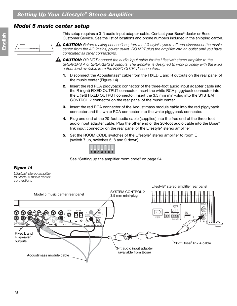 Setting up your lifestyle, Stereo amplifier, Model 5 music center setup | En glis h | Bose SA-2 User Manual | Page 20 / 88