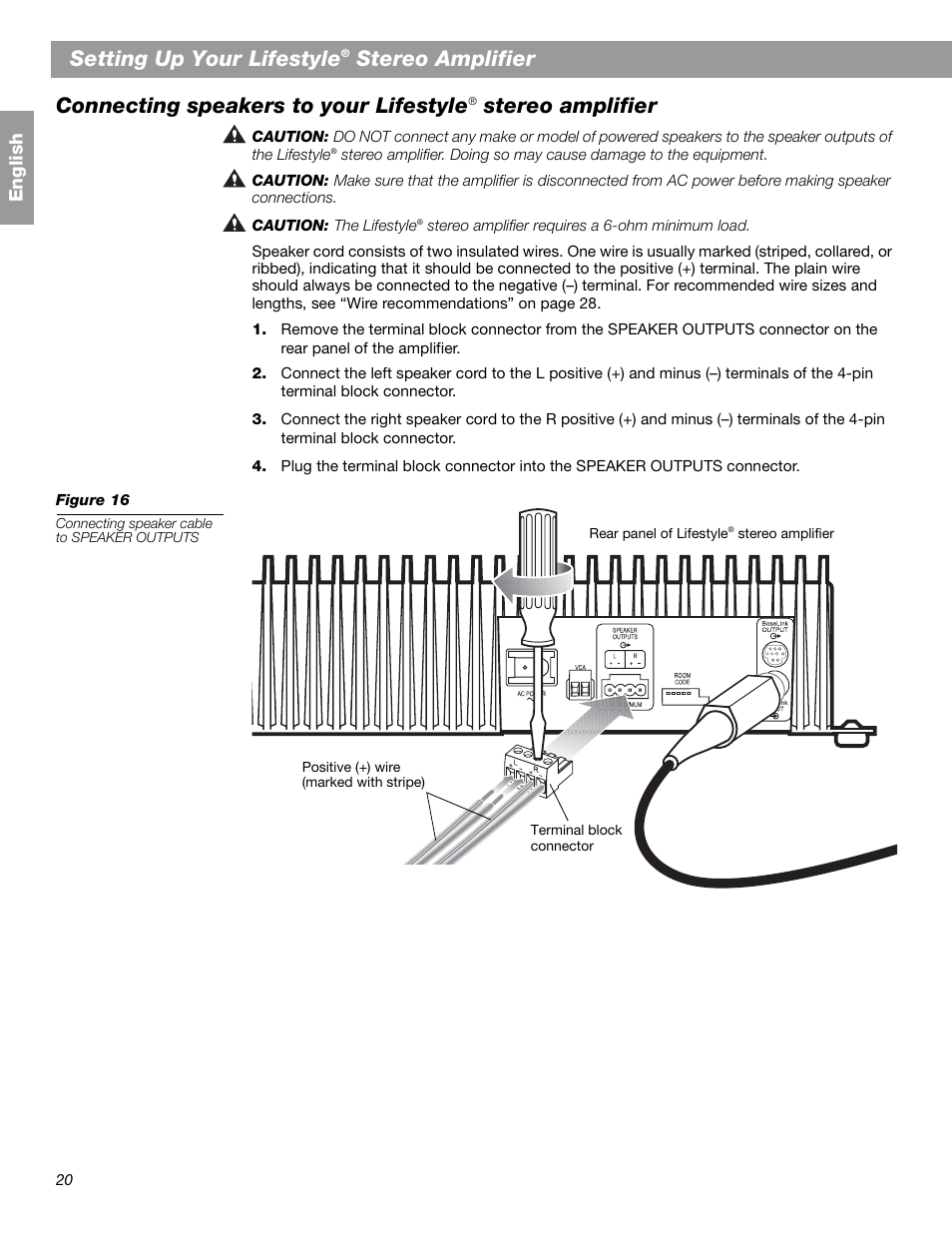 Setting up your lifestyle, Stereo amplifier, Connecting speakers to your lifestyle | Bose SA-2 User Manual | Page 22 / 88