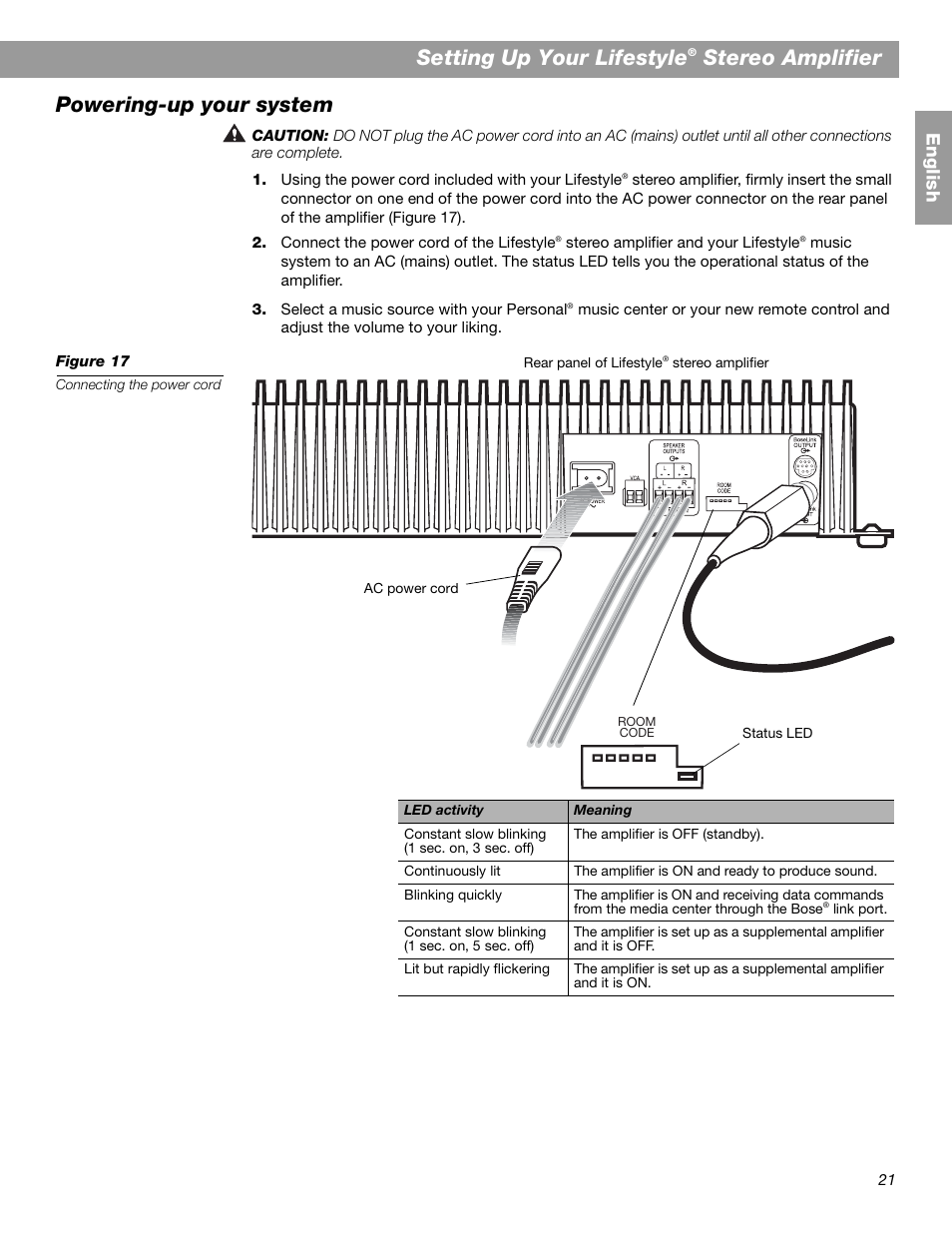 Setting up your lifestyle, Stereo amplifier, Powering-up your system | Engl is h | Bose SA-2 User Manual | Page 23 / 88