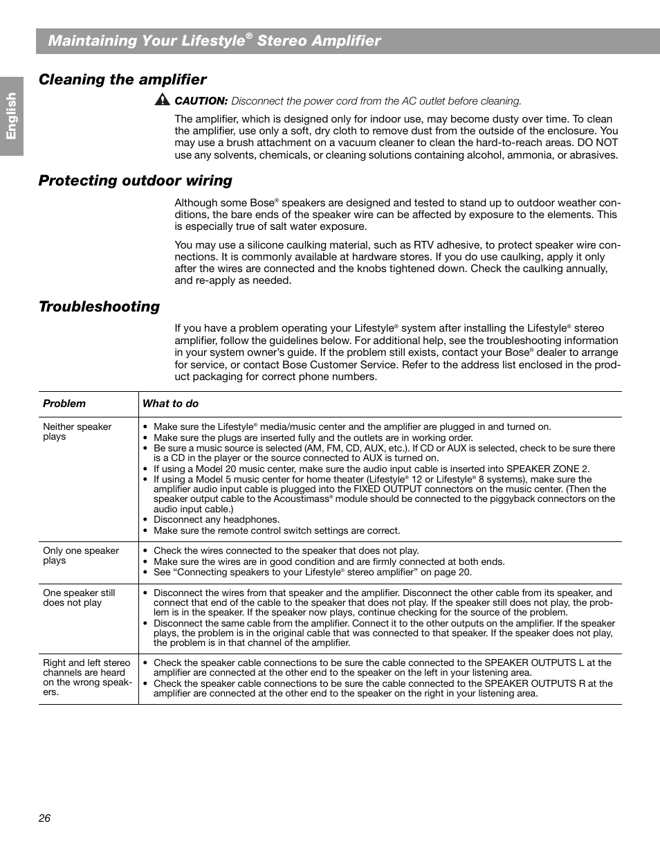 Maintaining your lifestyle, Stereo amplifier cleaning the amplifier, Protecting outdoor wiring | Troubleshooting, En glis h | Bose SA-2 User Manual | Page 28 / 88