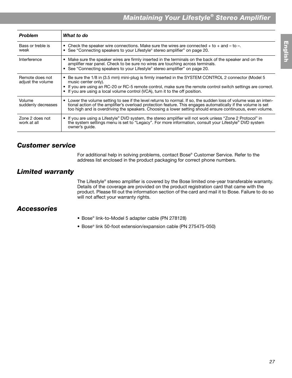Maintaining your lifestyle, Stereo amplifier, Customer service | Limited warranty, Accessories, Engl is h | Bose SA-2 User Manual | Page 29 / 88