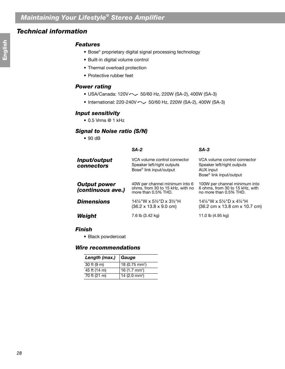 Maintaining your lifestyle, Stereo amplifier, Technical information | Bose SA-2 User Manual | Page 30 / 88
