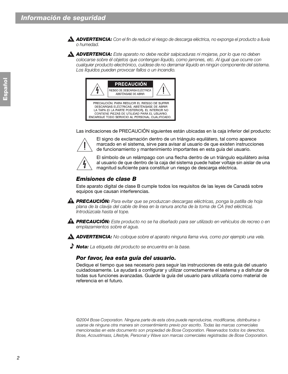 Información de seguridad | Bose SA-2 User Manual | Page 32 / 88