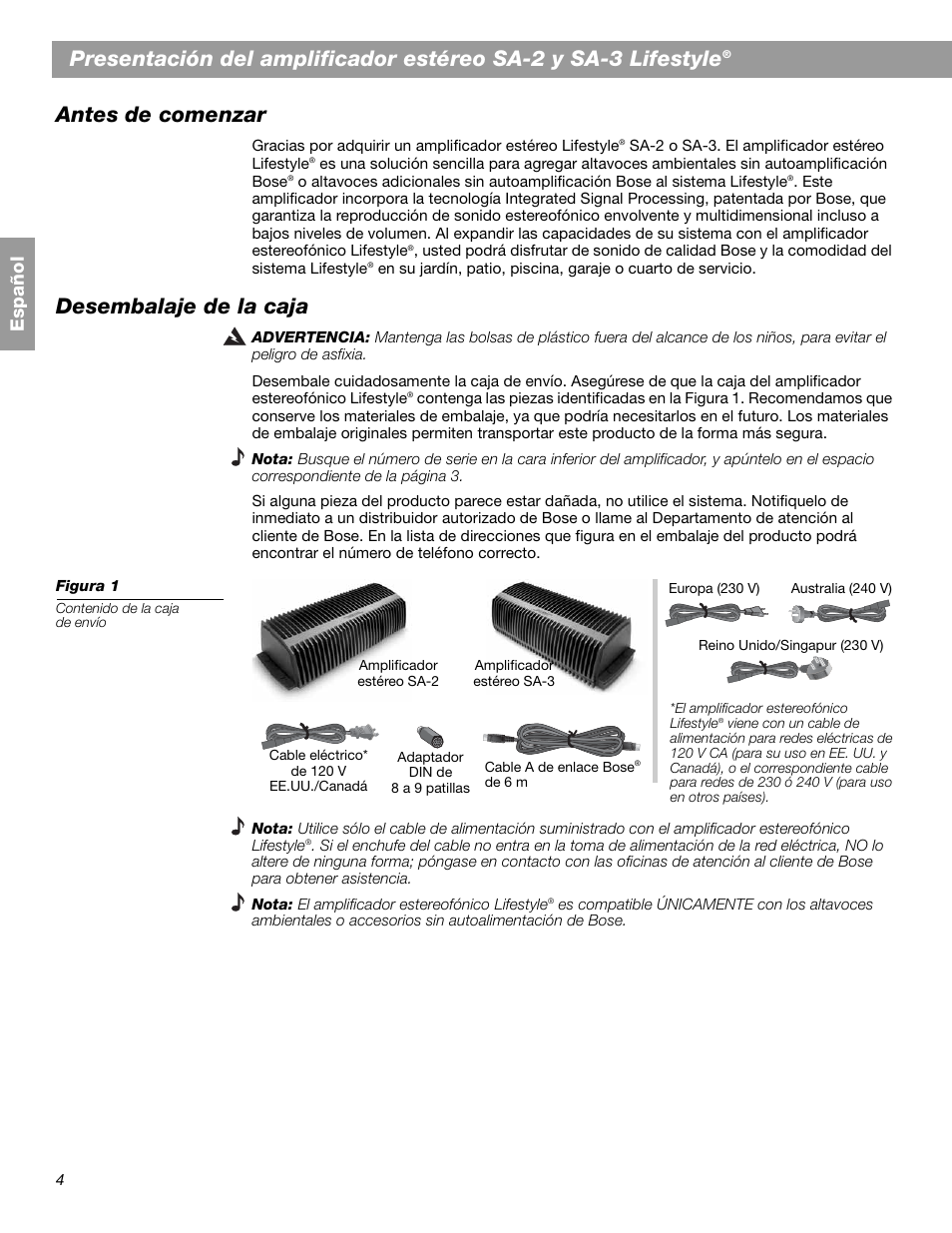 Antes de comenzar, Desembalaje de la caja, Español | Bose SA-2 User Manual | Page 34 / 88