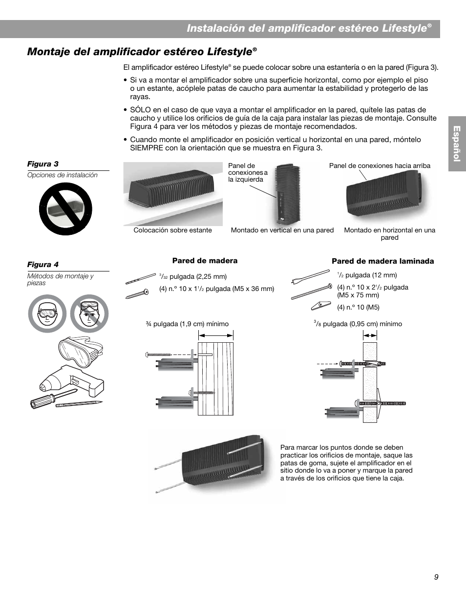 Instalación del amplificador estéreo lifestyle, Montaje del amplificador estéreo lifestyle, Es pa ñol | Bose SA-2 User Manual | Page 39 / 88